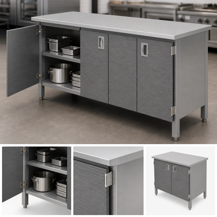 Product image #3 for John Boos 14-Gauge 300-Series Stainless Steel Enclosed Work Table with Hinged Doors, 132 x 30 Inches