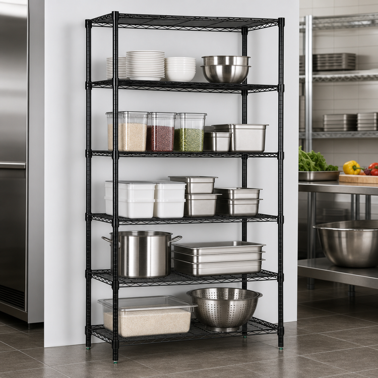 Product image #3 for Quantum 24 x 24 x 63 Inch Stationary Wire Shelving Starter Kit with 5 Shelves, Black Epoxy Antimicrobial Finish