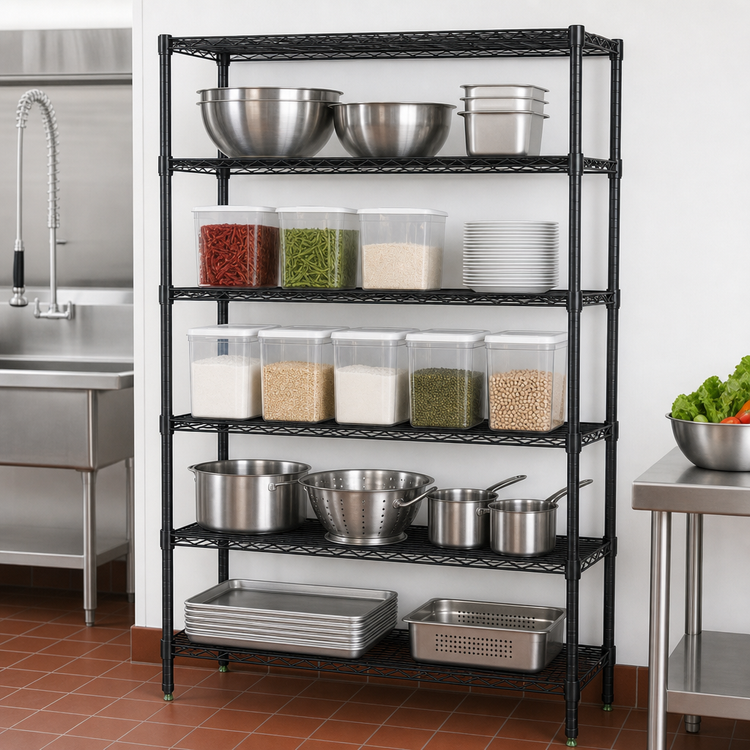 Product image #3 for Quantum 60"W x 12"D x 63"H Wire Shelving Starter Kit with 5 Shelves, Black Epoxy Antimicrobial Finish