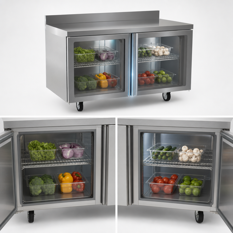 Product image #3 for Delfield 60-Inch Two-Section Refrigerated Worktop with 2 Doors and 4-Inch Backsplash