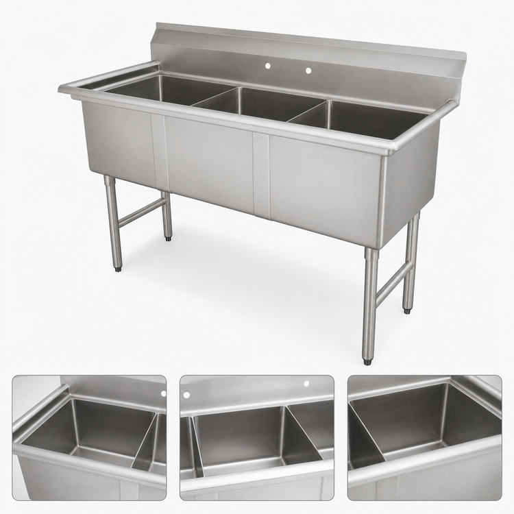 Product image #3 for Advance Tabco 3-Compartment Fabricated Sink, 16" x 20" x 14" Bowls, No Drainboard, 14 Gauge 304 Stainless Steel