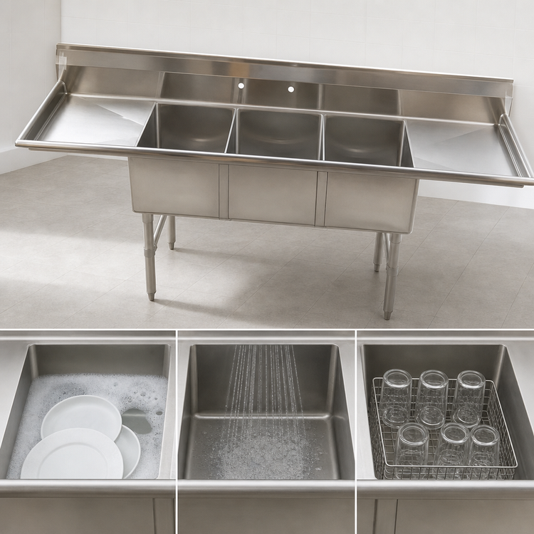 Product image #3 for Heavy Duty 16-Gauge Three-Compartment Stainless Steel Sink with Double Drainboards, 84-Inch W x 25.5-Inch D