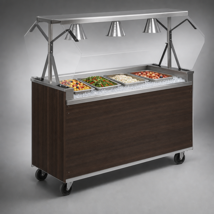 Product image #3 for Vollrath 2-Series Affordable Portable 60-Inch Mobile 4-Pan Non-Refrigerated Cold Food Station with Open Storage Base and Buffet Breath Guard, Walnut Woodgrain
