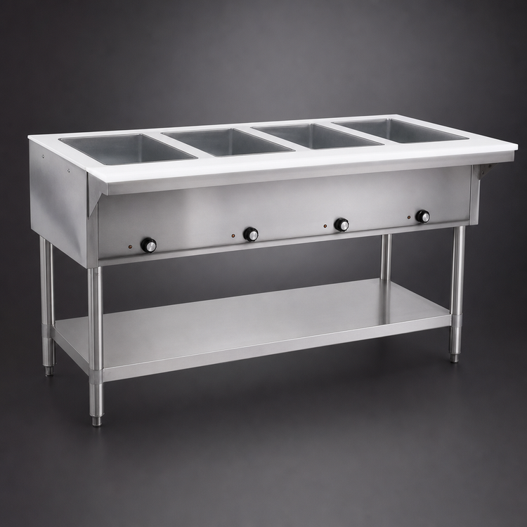 Product image #3 for Eagle Group 63-1/2 Inch 4-Well Liquid Propane Hot Food Table with Open Base, Cutting Board, and Undershelf