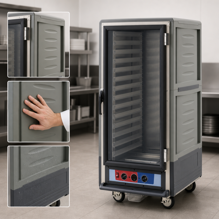 Product image #3 for Metro C5 3 Series Mobile Moisture Heated Holding & Proofing Cabinet, 3/4 Height, Gray Insulation Armour, Full-Length Clear Door, Lip Load Slides