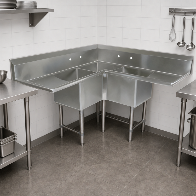 Product image #3 for John Boos E-Series 57-Inch 3-Compartment Corner Sink with Dual 18-Inch Drainboards, 18-Gauge Stainless Steel