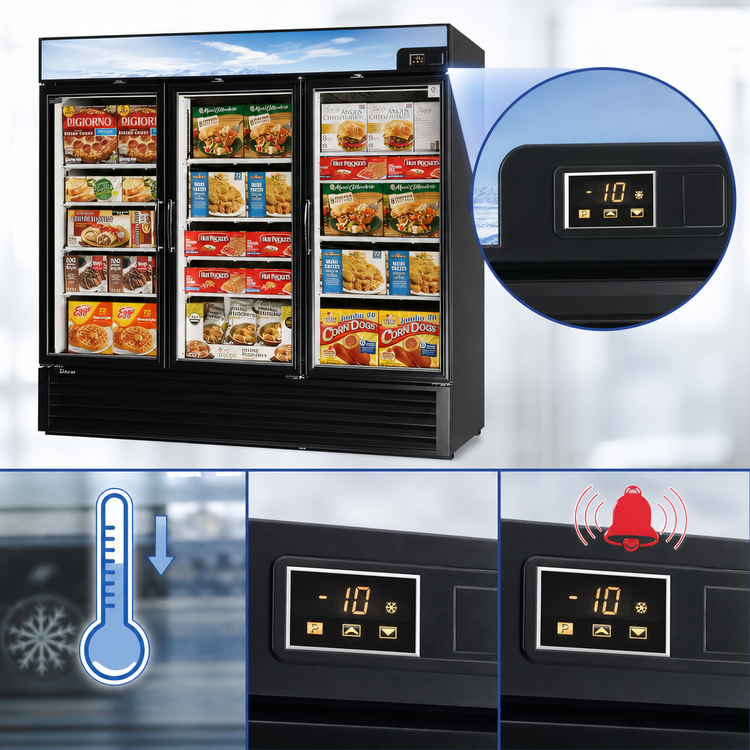 Product image #4 for Turbo Air Three-Section Glass Door Freezer Merchandiser, 58.45 Cu. Ft., Bottom Mount Self-Contained, 115V
