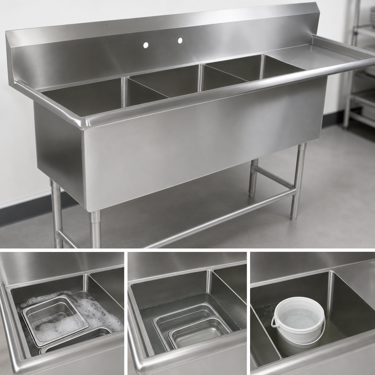 Product image #3 for John Boos Pro-Bowl 3-Compartment Stainless Steel Sink with Right Drainboard, 18 x 18 x 14 Inch Bowls, 24 Inch Drainboard