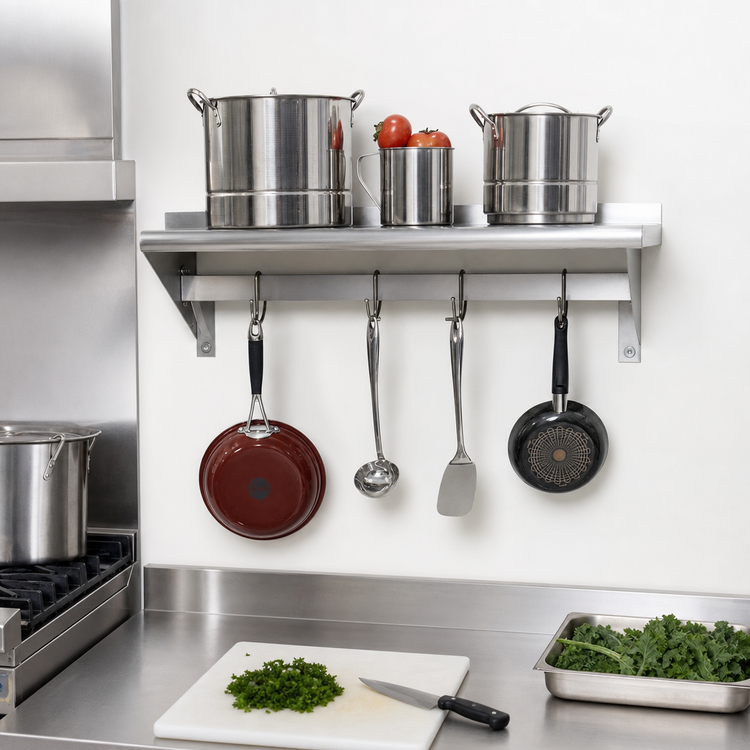 Product image #3 for Advance Tabco Wall-Mounted Shelf with Pot Rack, 60 Inch W x 12 Inch D, 18/430 Stainless Steel