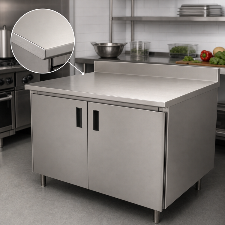Product image #3 for Advance Tabco Enclosed Work Table with Cabinet Base, Mid-Shelf and Hinged Doors, 84 x 30 Inches, 14-Gauge 304 Stainless Steel Top, 5-Inch Backsplash