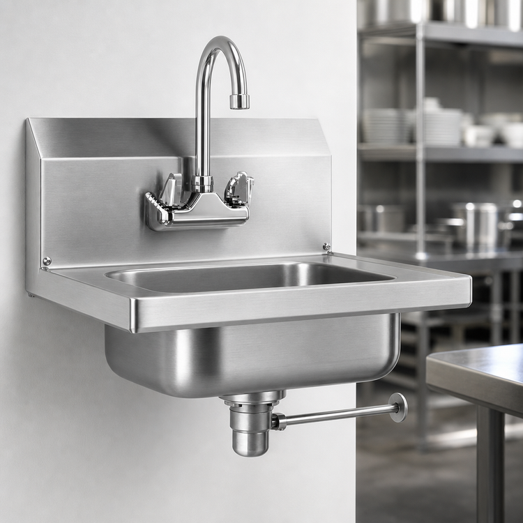 Product image #3 for Traditional Wall-Mount 304 Stainless Steel Hand Sink with Splash-Mounted Gooseneck Faucet and Lever Drain