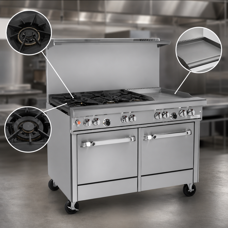 Product image #3 for Ultimate 48-Inch Gas Restaurant Range with Star/Sauté Burner, Non-Clog Burner, 36-Inch Griddle, Convection Oven and Cabinet Base
