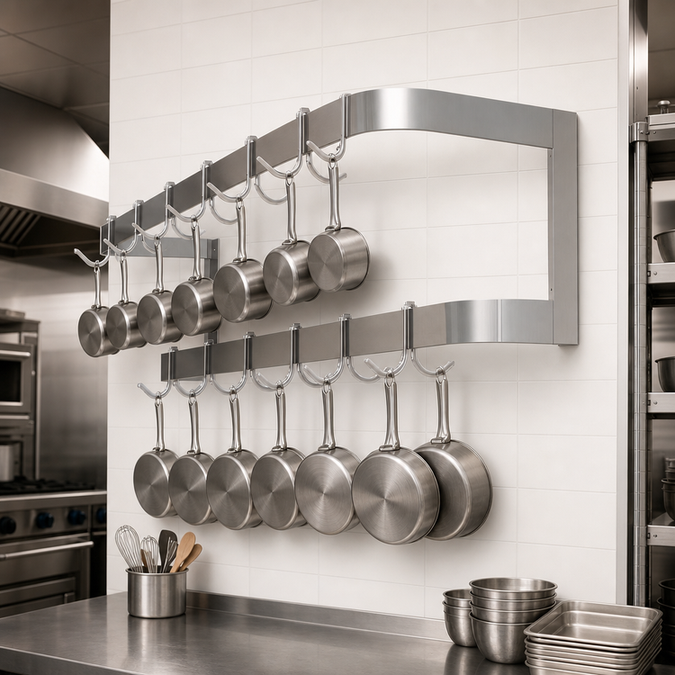 Product image #3 for 96 Inch Wide Wall-Mounted Double Bar Stainless Steel Commercial Pot Rack with 18 Double Hooks