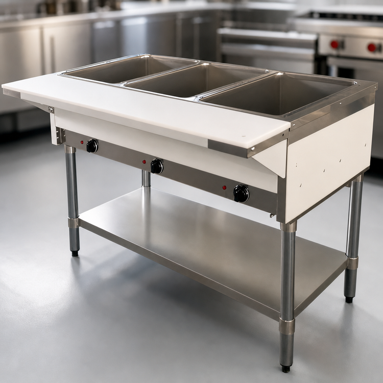 Product image #3 for Omcan Natural Gas Open Well Steam Table, 3 Full-Size Pan Capacity, with Cutting Board and Undershelf