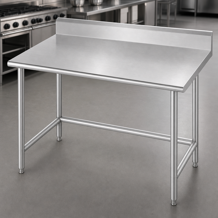 Product image #3 for Advance Tabco 120" x 24" 16-Gauge 304 Stainless Steel Work Table with 5" Backsplash and Open Base