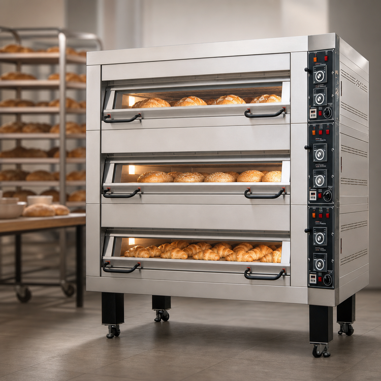 Product image #3 for BakeMax Triple Deck Electric Artisan Stone Deck Oven, 4-Pan Wide