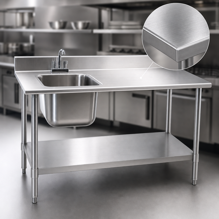 Product image #3 for Eagle Group Deluxe 60-Inch x 30-Inch 16-Gauge Stainless Steel Sink Work Table with Right-Side Bowl, Backsplash, and Adjustable Undershelf