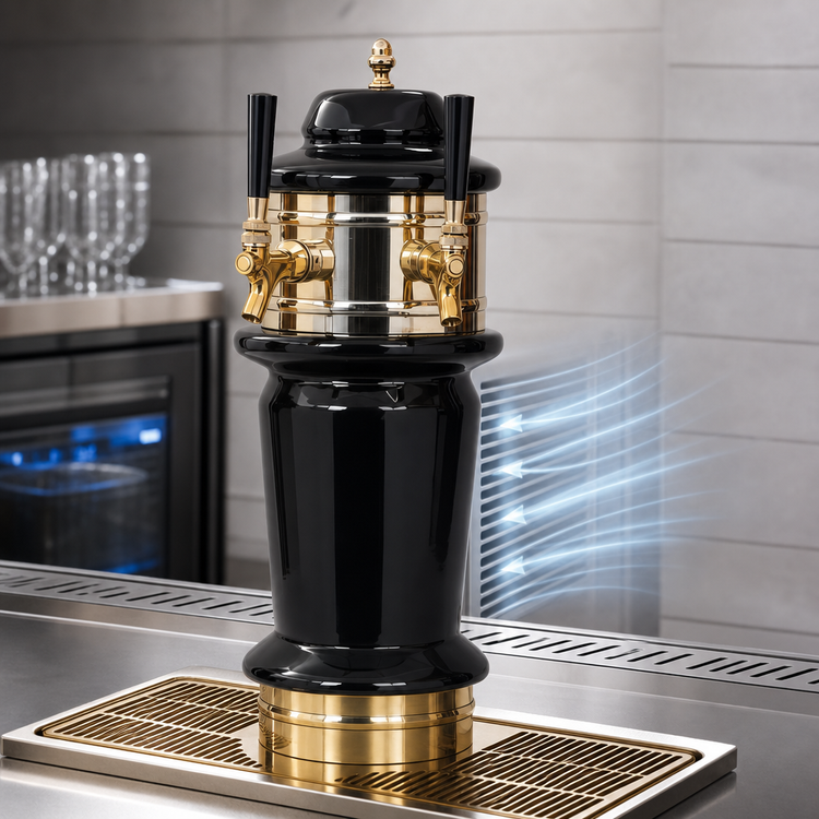 Product image #3 for Glastender Monaco 2-Faucet Air-Cooled Draft Dispensing Tower with Mirror-Finish Drain Pan, Polished Brass