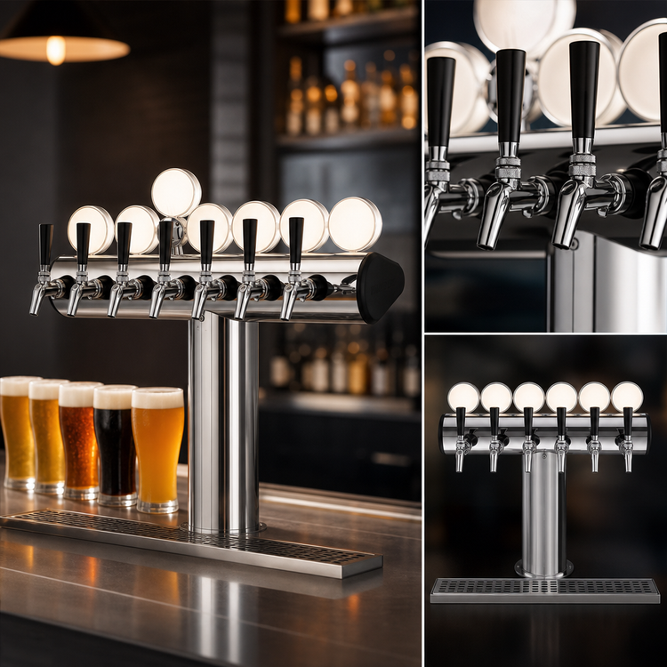 Product image #3 for Perlick Illuminated Winged Tee 6-Faucet Glycol-Cooled Countertop Draft Tower, Stainless Steel