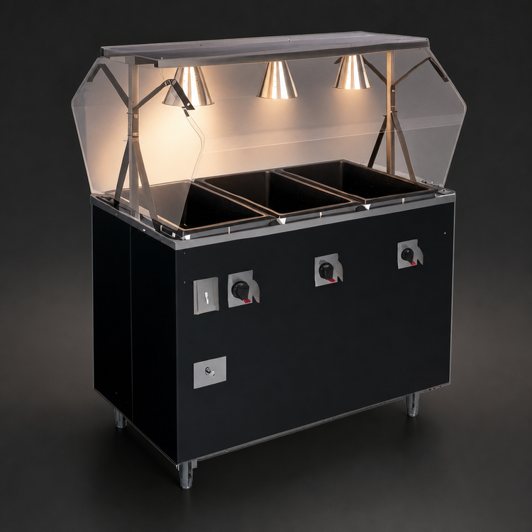 Product image #3 for Vollrath 2-Series Affordable Portable 3-Well Mobile Hot Food Station with Buffet-Style Breath Guard and Lights, Granite Finish