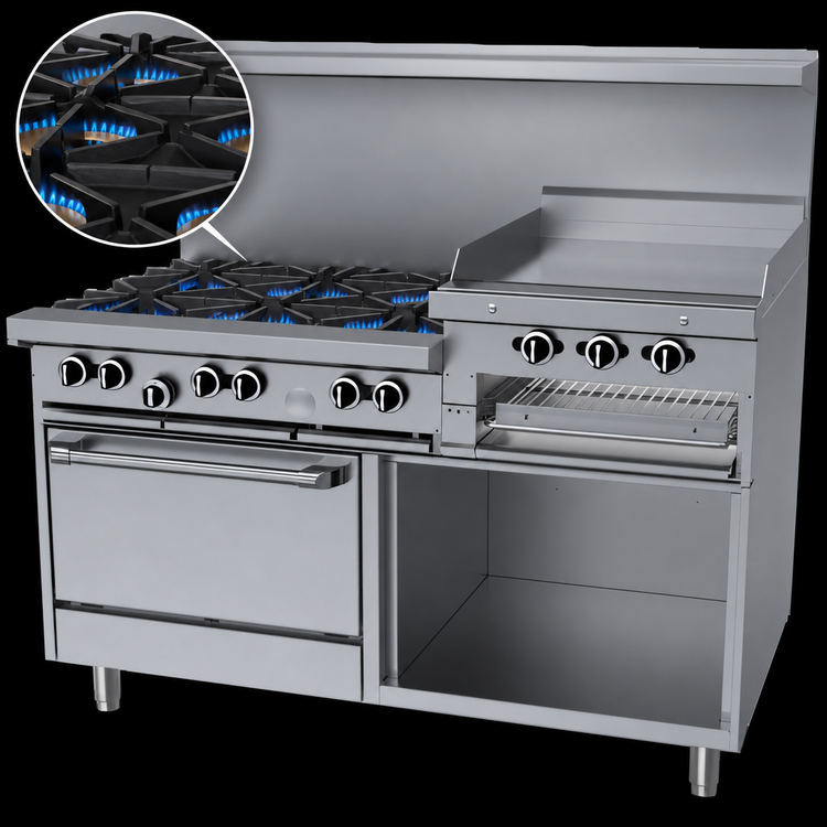 Product image #3 for Garland G Starfire Pro 60-Inch Gas Restaurant Range with 6 Open Burners, 24-Inch Raised Griddle/Broiler, Standard Oven, and Storage Base