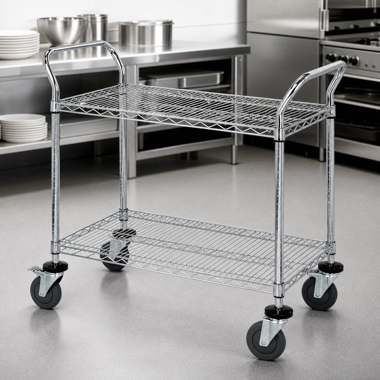 Product image #3 for Quantum 30 Inch x 21 Inch Chrome Plated Utility Bus Cart with 2 Wire Shelves