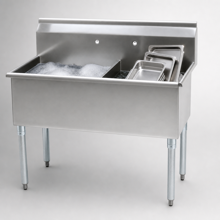 Product image #3 for Eagle Group Two-Compartment Utility Sink, 49-3/8 Inch W x 22 Inch D, 16 Gauge 430 Stainless Steel, Galvanized Legs