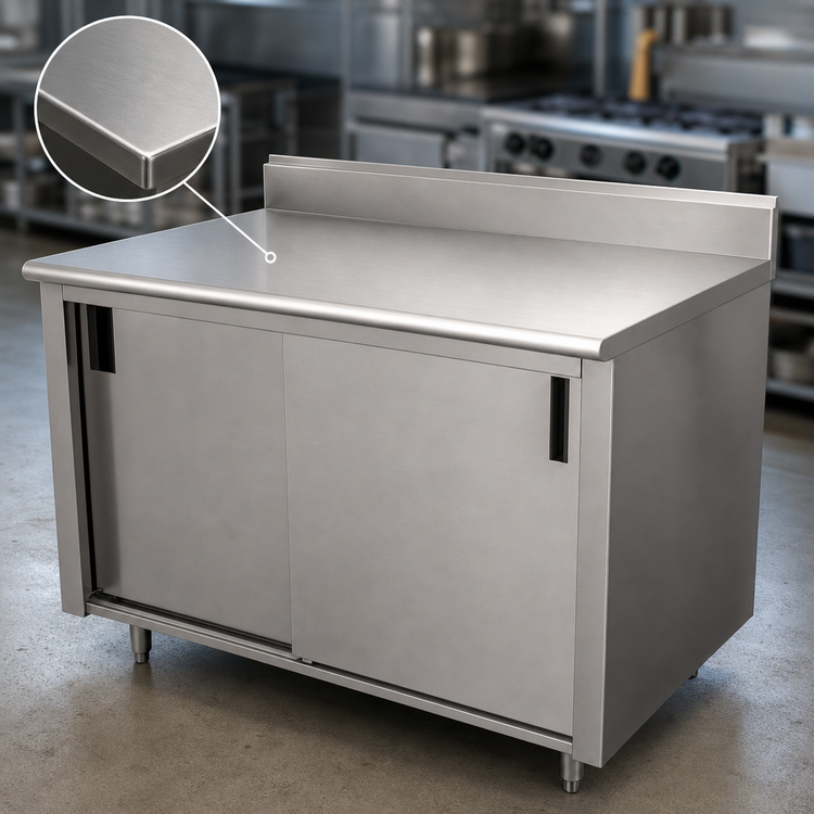 Product image #3 for Advance Tabco 84-Inch x 36-Inch Enclosed Work Table with Cabinet Base, 14-Gauge 304 Stainless Steel Top, Mid-Shelf, Sliding Doors, and 5-Inch Backsplash