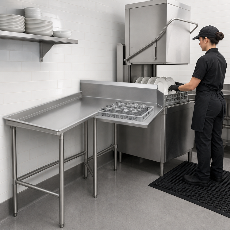 Product image #3 for Advance Tabco L-Shaped Island Clean Dishtable, 83 Inch, Left-Hand, 10-1/2 Inch Backsplash, 304 Stainless Steel