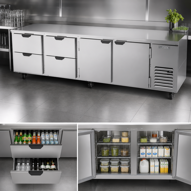 Product image #3 for Beverage-Air Four-Section Undercounter Refrigerator with 4 Drawers and 2 Doors, 119-Inch Wide, Self-Contained Side-Mounted Refrigeration