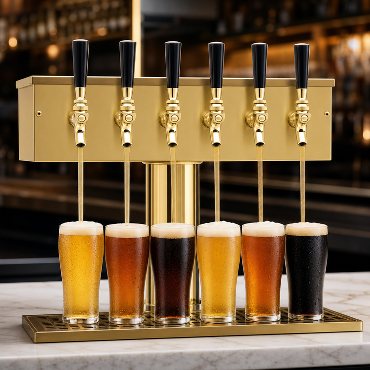 Product image #3 for Micro Matic T-Style Countertop Air-Cooled Draft Beer Tower with 6 Brass Faucets, PVD Brass Finish