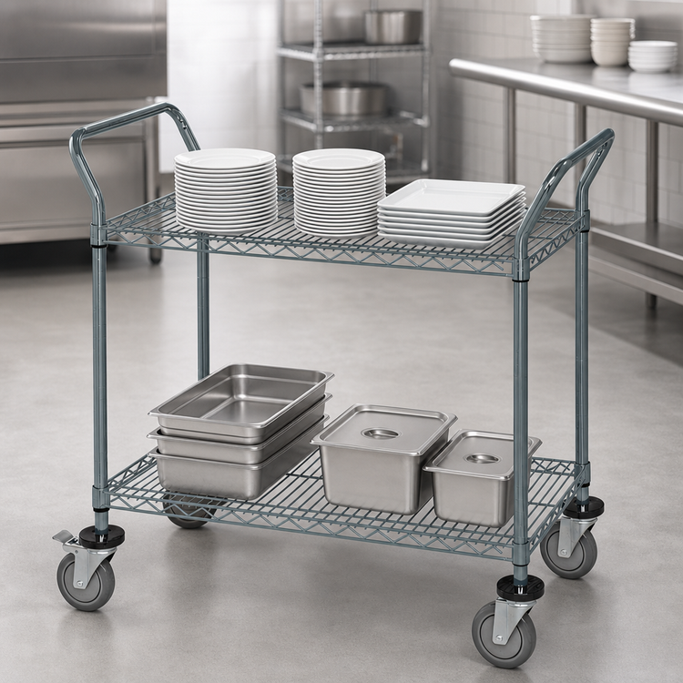 Product image #3 for Quantum 30 Inch x 24 Inch Gray Epoxy Antimicrobial Utility Bus Cart with 2 Wire Shelves