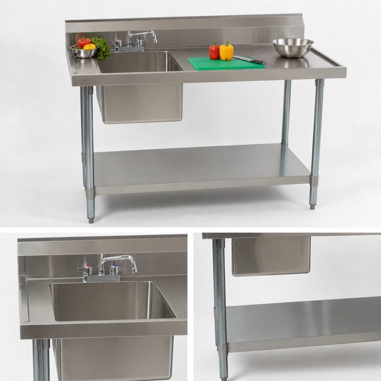 Product image #3 for 72-Inch x 30-Inch Stainless Steel Prep Sink Work Table with Left Sink, Backsplash, and Undershelf