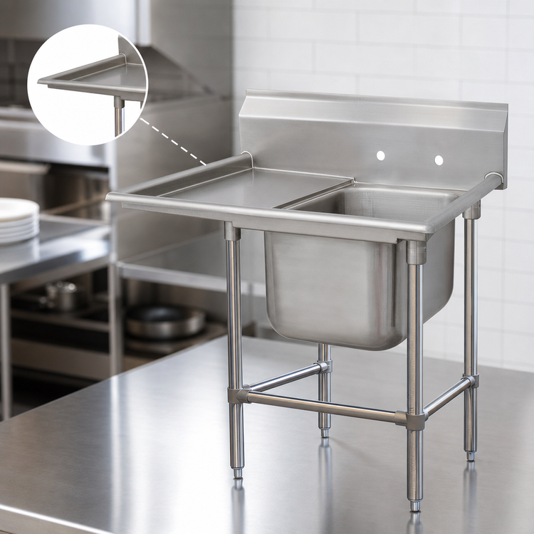 Product image #3 for Advance Tabco Regaline 1-Compartment Sink with Left-Hand Drainboard, 20" x 28" Bowl, 14 Gauge 304 Stainless Steel