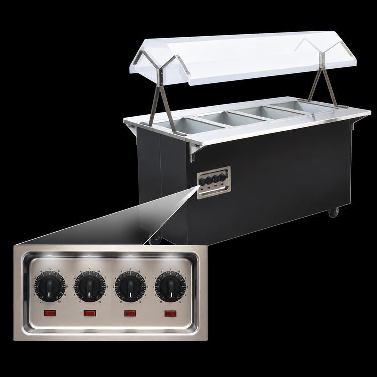 Product image #3 for Vollrath 2-Series Affordable Portable 4-Well Open-Well Mobile Hot Food Station with Buffet Breath Guard and Lights, Enclosed Storage Base, Black