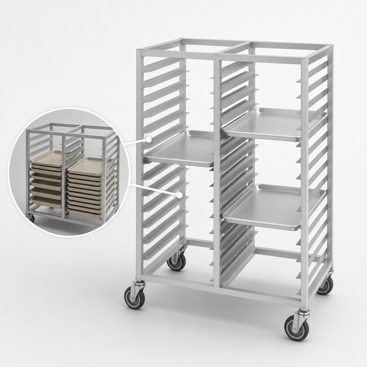 Product image #3 for Channel Manufacturing Double-Section Aluminum Cafeteria Tray Rack with 5-Inch Swivel Stem Casters, 28 Tray Capacity, 45 x 30 x 36 Inches