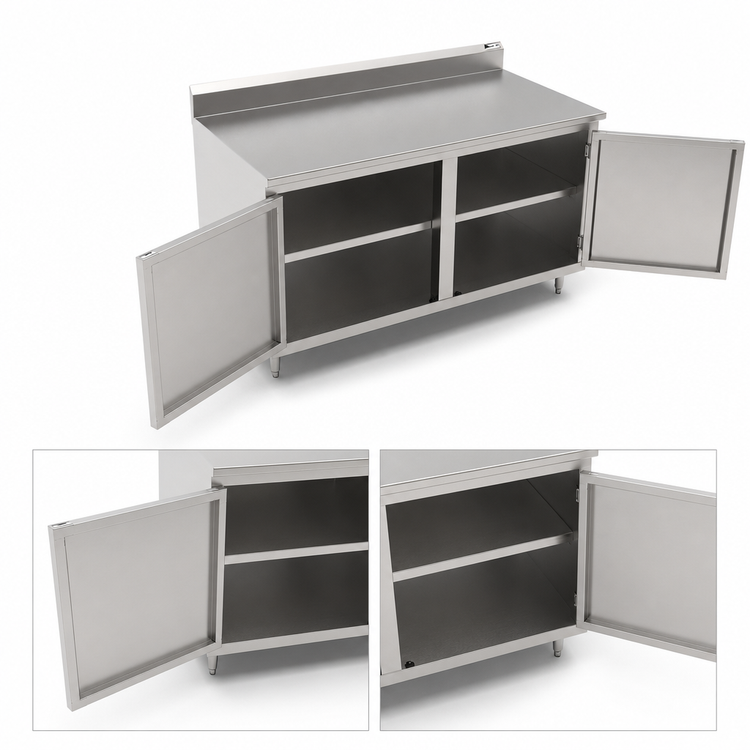 Product image #3 for John Boos 72" x 30" Stainless Steel Enclosed Work Table with Cabinet Base, Hinged Doors and 5" Backsplash