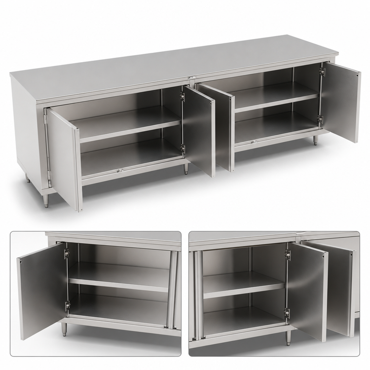 Product image #3 for John Boos 120 x 36 Inch 16-Gauge Stainless Steel Enclosed Work Table with Cabinet Base and Hinged Doors