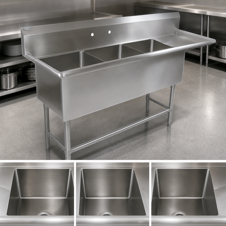 Product image #3 for John Boos Pro-Bowl 3-Compartment Sink with Right Drainboard, 18" x 24" x 14" Bowls, 14-Gauge Stainless Steel