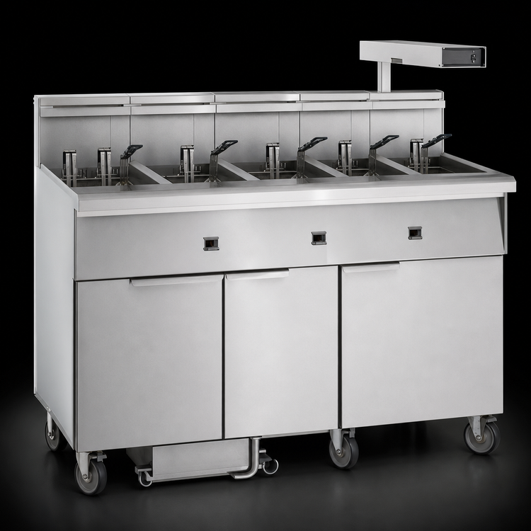 Product image #3 for Imperial Electric Floor Model 5-Tank Battery Fryer with Built-In Filter System and Dump Station