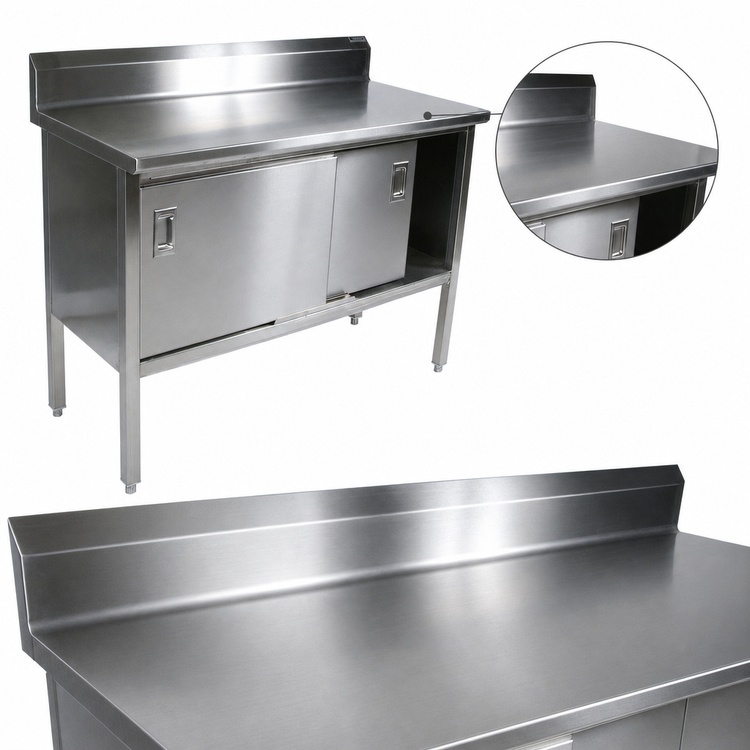 Product image #3 for John Boos 120-Inch x 24-Inch 14-Gauge 300-Series Stainless Steel Enclosed Work Table with Sliding Doors and 5-Inch Backsplash