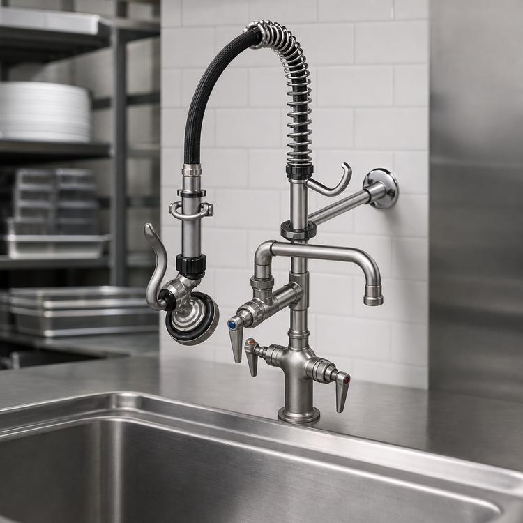 Product image #3 for T&S Brass Mini Pre-Rinse Unit, Single-Hole Deck Mount, 8-Inch Swing Nozzle, 1.42 GPM Low-Flow Spray Valve