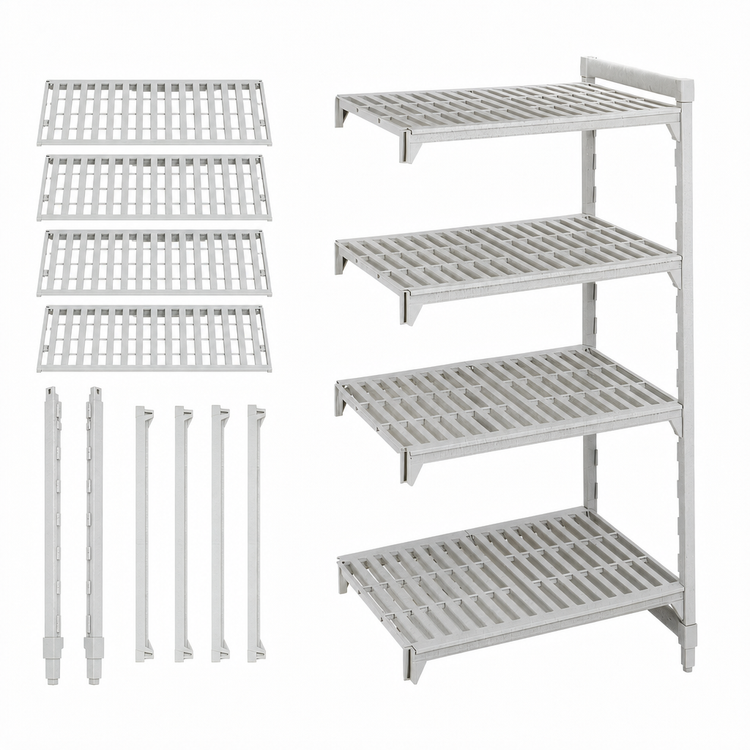 Product image #4 for Cambro Camshelving Premium 24" Deep x 60" Long x 72" High 4-Tier Vented Add-On Polymer Shelving Unit, Speckled Gray