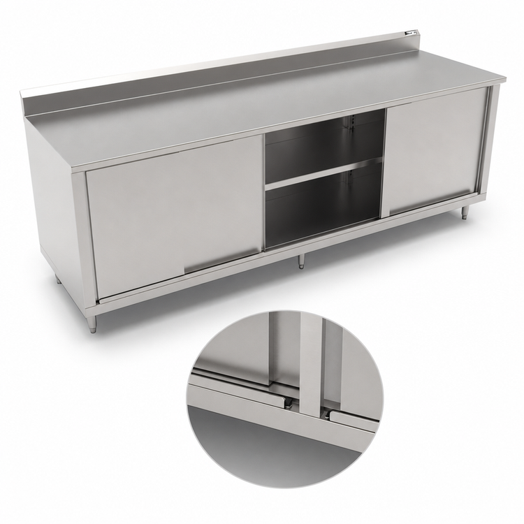Product image #3 for John Boos 144" x 24" Cabinet Base Enclosed Work Table with Sliding Doors, 16-Gauge Stainless Steel Top, and 5" Backsplash