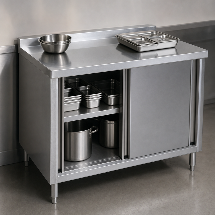 Product image #3 for 72 Inch Stainless Steel Cabinet Base Work Table with Sliding Doors, Middle Shelf, and 2 Inch Rear Up-Turn