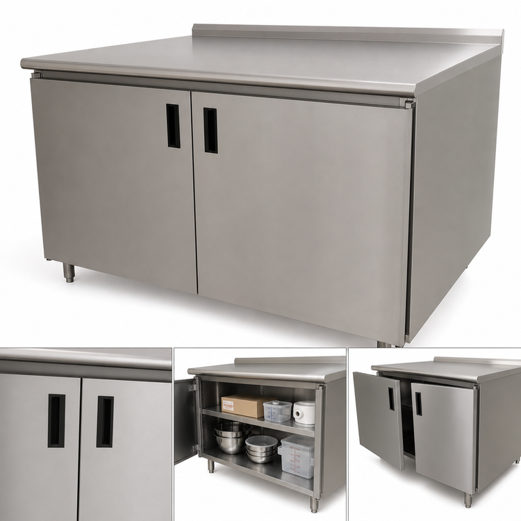Product image #3 for Advance Tabco 120-Inch x 36-Inch Enclosed Work Table with Cabinet Base, Hinged Doors, 14-Gauge 304 Stainless Steel Top, 1-1/2-Inch Rear Up-Turn