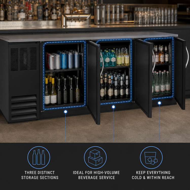 Product image #3 for Beverage-Air BB78HC-B 78-Inch Three-Section Solid-Door Back Bar Cooler with Self-Contained R290 Cooling