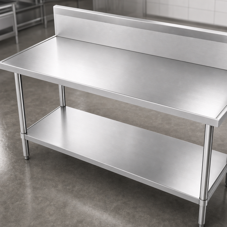 Product image #3 for Advance Tabco 144-Inch x 36-Inch 14-Gauge 304 Stainless Steel Work Table with 10-Inch Backsplash and Galvanized Undershelf