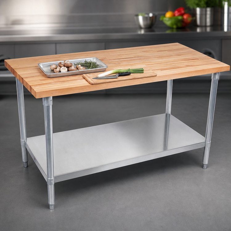 Product image #3 for John Boos 60-Inch x 24-Inch Edge-Grain Wood Top Work Table with Galvanized Base and Adjustable Undershelf