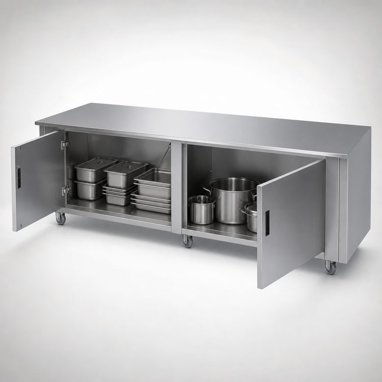 Product image #3 for Advance Tabco 108" x 36" Enclosed Work Table with Cabinet Base and Hinged Doors, 14-Gauge 304 Stainless Steel Top